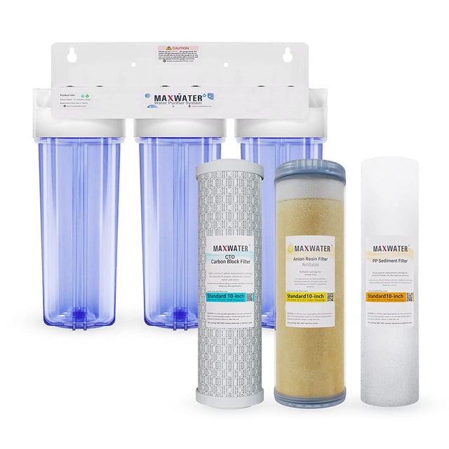 Max Water Système de Filtration à Réduction de Nitrate de 10 Pouces à 3 Étapes, pour Toute la Maison, Sédiment + Anion + CTO