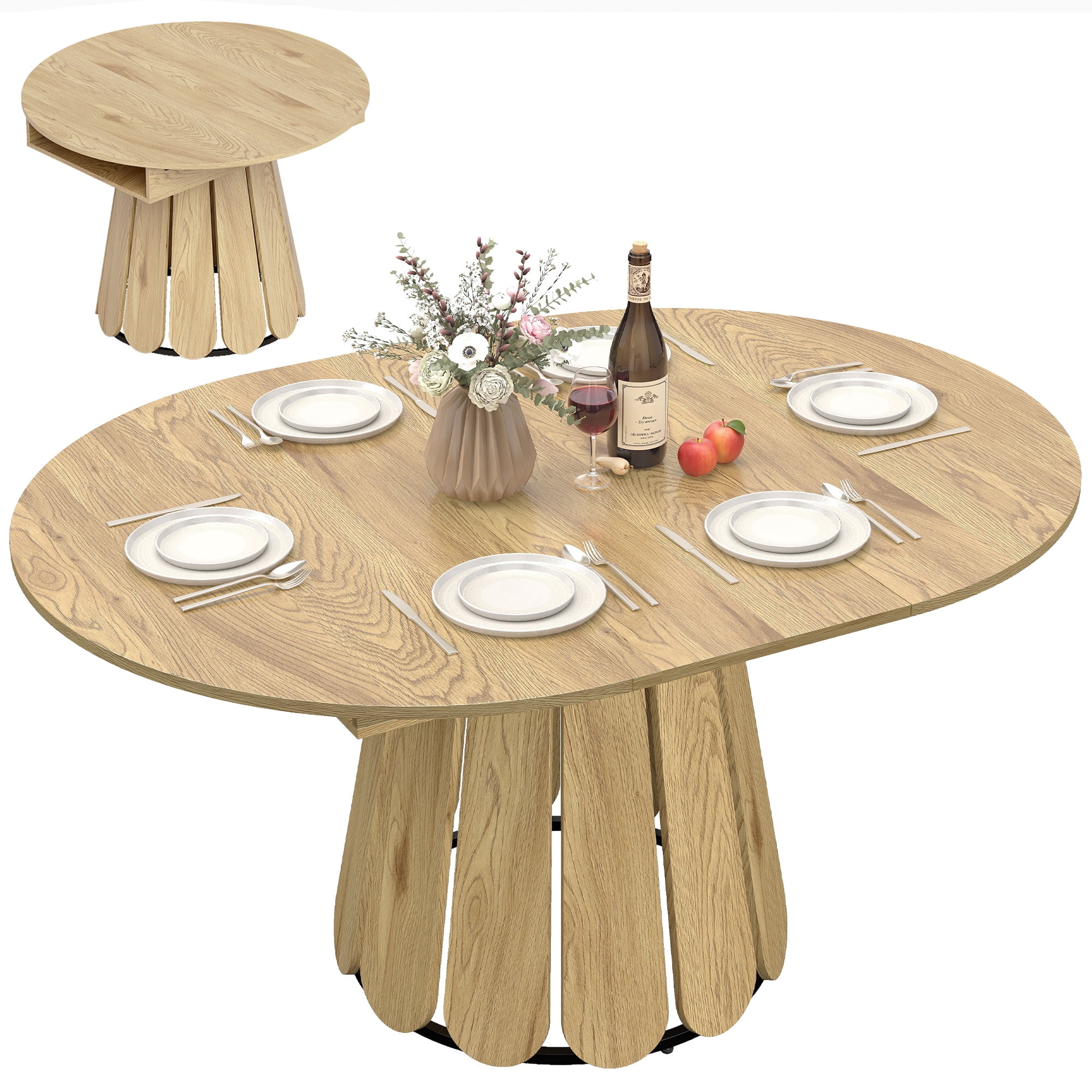 HOMCOM 43"-59" Extendable Dining Table Round to Oval Kitchen Table Natural