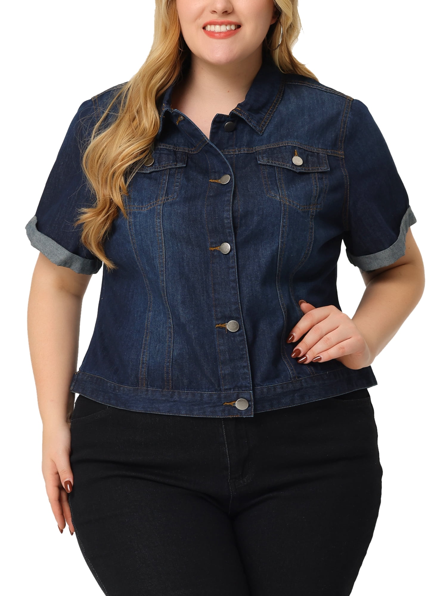GRACE & GRANDEUR Women's Plus Size Denim Jacket Button Front Crop Jean Short Sleeve Trucker Jackets Dark Blue 3X