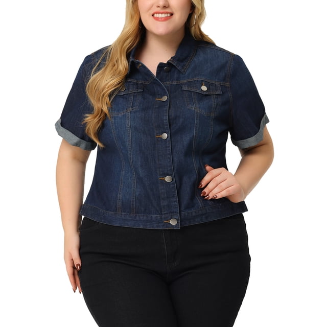 GRACE & GRANDEUR Women's Plus Size Denim Jacket Button Front Crop Jean Short Sleeve Trucker Jackets Dark Blue 1X