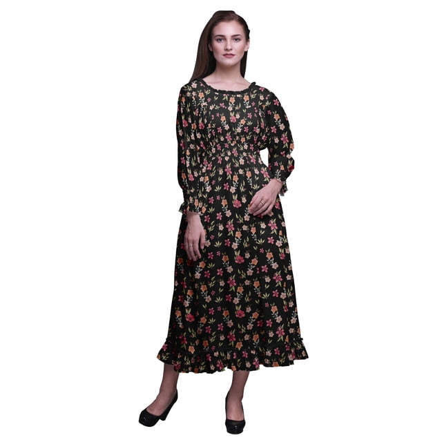 Bimba Robe Maxi à Volants pour Femmes, Florale, Manches Bishop, Col Rond, Taille Smockée - Très Petit