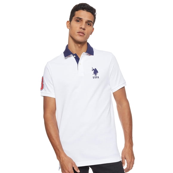U.S. Polo Assn. Men's Polo Piqué Ajusté, Blanc/bleu Dodger, Moyen