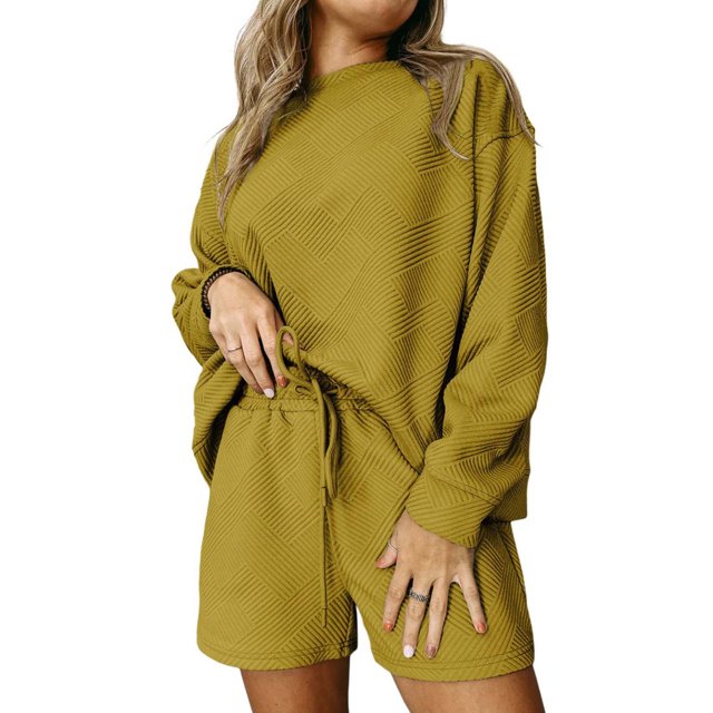 Yuyuzo 2 Piece Sets for Women Summer Oversized Long Sleeve T Shirts Drawstring Shorts Matching Outfits