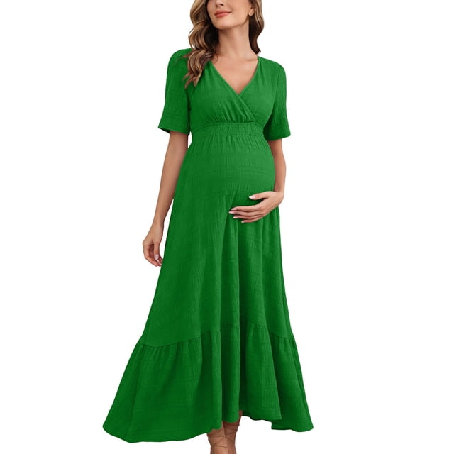 XiYing Robes d'Été pour Femmes, Robe de Maternité Unie à Manches Courtes à Volants pour Photographie de Soirée, Style Moulant à Col en V (P-2TG),