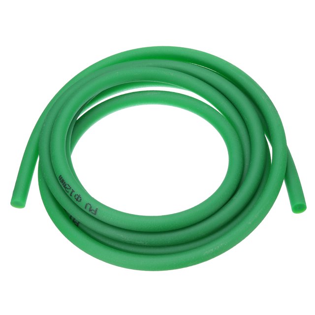 Polyurethane round belts with a 12mm diameter and 3-meter (10ft) length, shown in a coiled arrangement. The green PU belt features a rough surface and is designed for high tension resistance, strong pulling force, and abrasion resistance. Suitable for use in packaging machines, printing machines, textile machines, and drive wheels. Easy to cut, weld, and install.