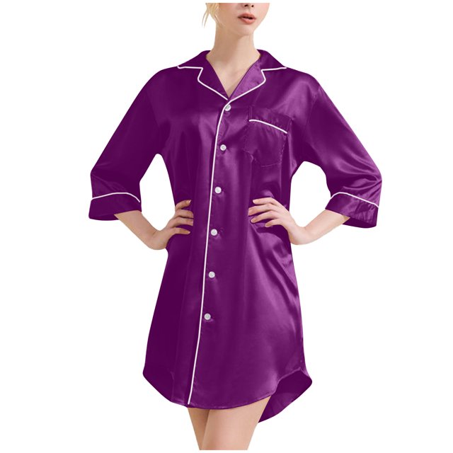 Besolor Chemise de Nuit en Satin pour Femme à Boutons, Robe Chemise à Manches 3/4, Décontractée et Confortable, Pyjama de Nuit