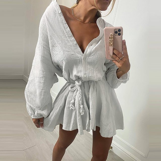 WILLBEST Robes pour Femmes Robes Décontractées à Volants avec Cordon Manches Longues Évasées Été Robe Mini Unie