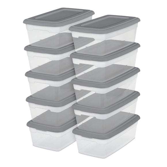 Sterilite Set of (10) 5.7 Liter Storage Box, Clear Plastic Storage Bins, Snap-on Lid, Grey