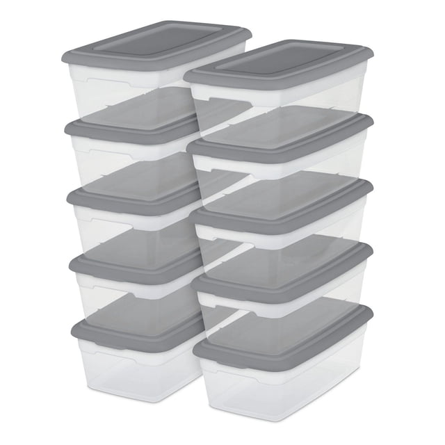 Sterilite set of 10 5.7 liter storage boxes in grey with clear plastic bases and opaque snap-on lids, stacked in two columns. These stackable plastic storage containers are ideal for lightweight household and closet organization and are often used for storing shoes or small items.