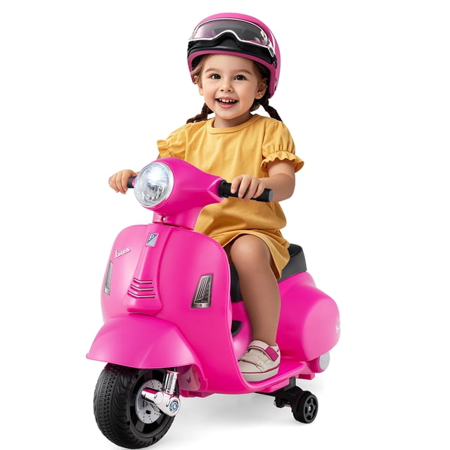 Gymax Kids Ride on Motorcycle with training wheels, headlight, and horn in vibrant pink. This 6V battery-powered toddler scooter features a cozy seat, anti-slip foot pedal, and removable training wheels for stability. Designed for children aged 18-36 months, it offers a safe speed of 1.6 mph, realistic LED headlights, and is suitable for indoor and outdoor use. Perfect for powered ride-on adventures.