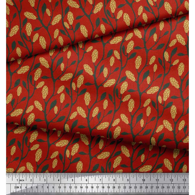 Soimoi Tissu Popeline de Coton Rouge Imprimé Floral Feuilles & Trèfle au Mètre 42 Pouces de Large