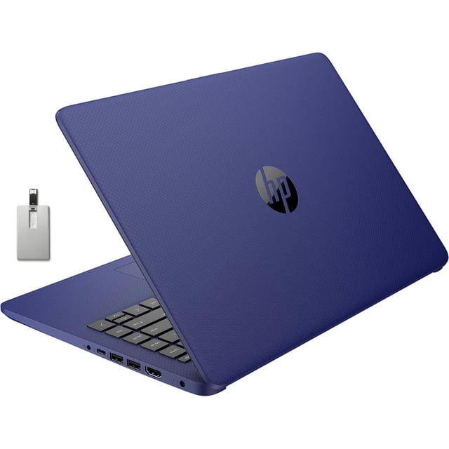 HP Premium Stream Portable 14 Pouces HD BrightView Bleu, avec Processeur Intel Celeron N4120, 4 Go de RAM et Stockage eMMC 64 Go. Comprend UHD Graphics 600, Caméra Web HD et Windows 11 S. l'Ordinateur Portable a une Conception Mince avec une Finition Texturée, Deux ports USB 3.0 Type-A, un port USB 3.0 Type-C, une Prise pour Casque et un Lecteur de Carte Multimédia. Livré avec une Carte USB Hotface 32 Go pour un Stockage Supplémentaire.