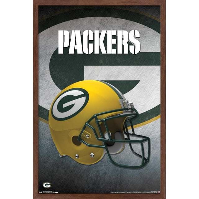 NFL Green Bay Packers - Affiche Murale Casque 16, 22,375 Po x 34 Po Encadrée Montrant un Casque de football Jaune avec un Masque Vert et le logo « g » Packers sur le Côté, sur Fond Texturé avec un Grand logo Packers Délavé et un Texte « Packers » Blanc Audacieux au-Dessus, Convient à la Déco Murale à Thème Sportif dans les Chambres, Bureaux Ou Dortoirs.