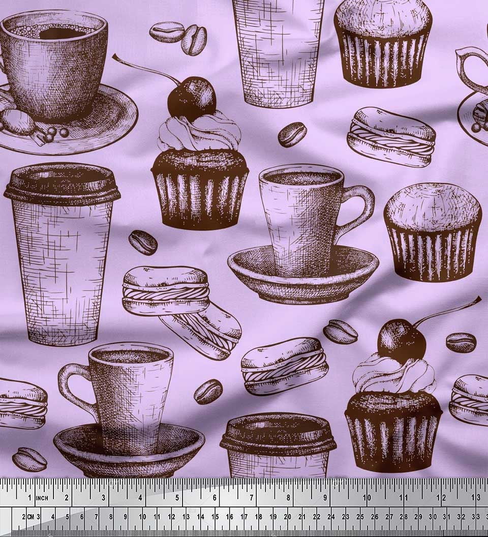 Soimoi Rayon Crepe Fabric Burger,Cupcake & Cups Decor Fabric Printed Yard 46 Inch Wide