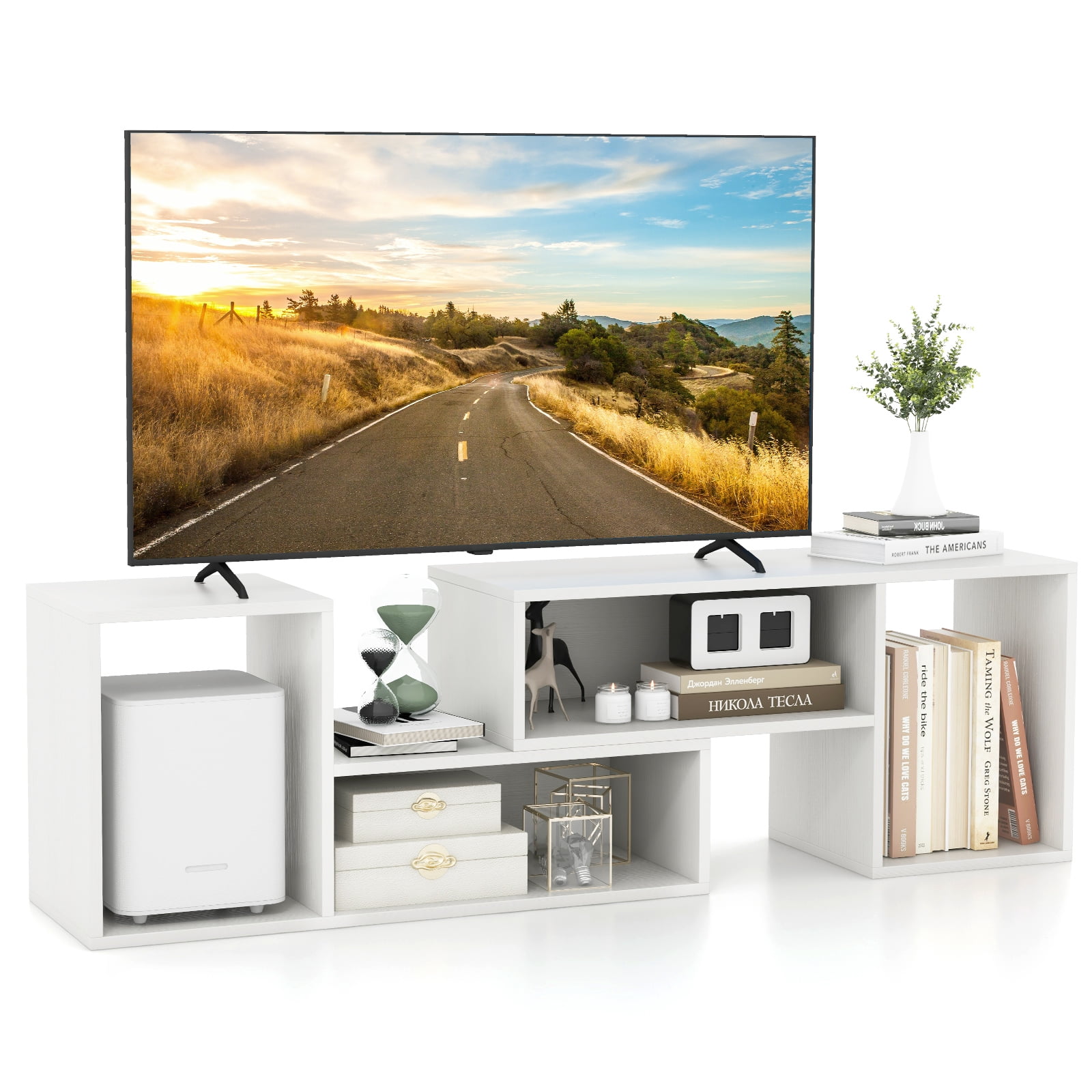 Patiojoy 2 Pieces Adjustable TV Stand for TVs up to 55 Inch Free Combination Entertainment Center White