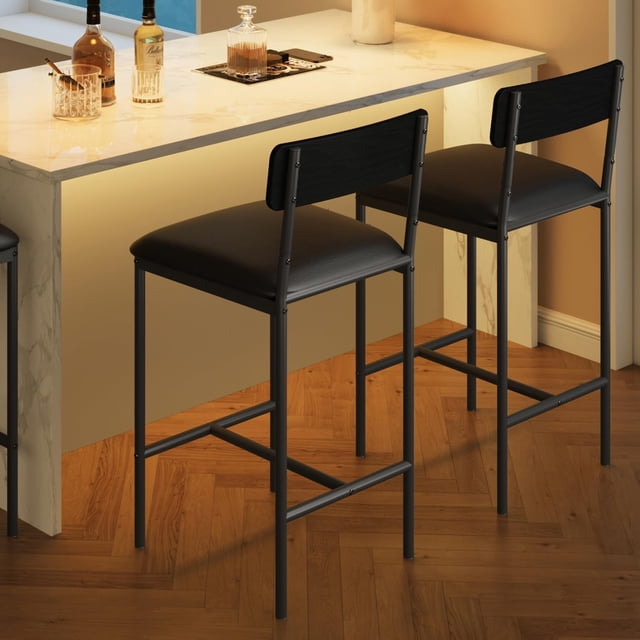 AKDSteel Sunvasagoo Bar Stools Set of 2, Kitchen Bar Stools with Footrest, 25.5 Inches Kitchen Bar Stools with Footrest, 2 Counter Height Barstools, Thick Cushion, for Island, Counter Bar