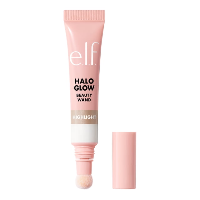 e.l.f. Cosmetics Halo Glow Highlight Beauty Wand in a pink squeezable tube with black and white text, featuring a cushion tip applicator and matching cap beside it on a white background, a liquid highlighter infused with hydrating squalane for a radiant, buildable glow, also suitable for precise application on facial high points.