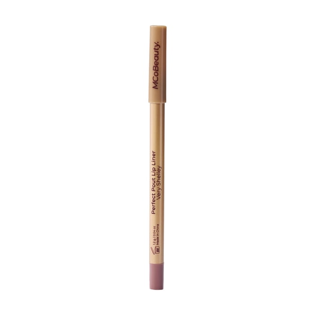 MCoBeauty Perfect Pout Lip Liner in Very Shelley, a nude-rose lip liner pencil with a beige barrel and cap, designed to define and fill lips for a fuller look with a rich, velvety texture suitable for all skin tones.