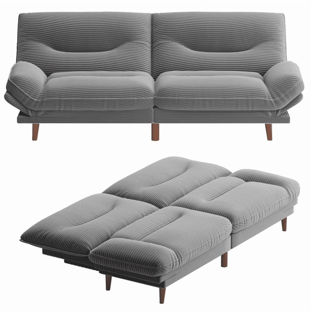 Homall Futon Sofa Bed with Adjustable Backrest & Five Angles Adjustable Armrests in grey, featuring a compact 65-inch design ideal for small spaces. The sofa has a ribbed corduroy texture and wooden legs, shown in both upright and fully flat positions. The backrest adjusts to 105°, 160°, and 180°, while the armrests offer five ergonomic angles. Suitable for living rooms, offices, or guest rooms.