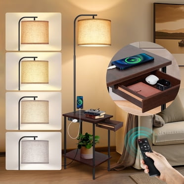 Outon Lampe sur Pied avec Table, Lampe sur Pied pour Salon avec Port de Chargement USB et Type‐C, Table d'Appoint à Intensité Réglable avec Lampe Intégrée pour Chambre, Noyer