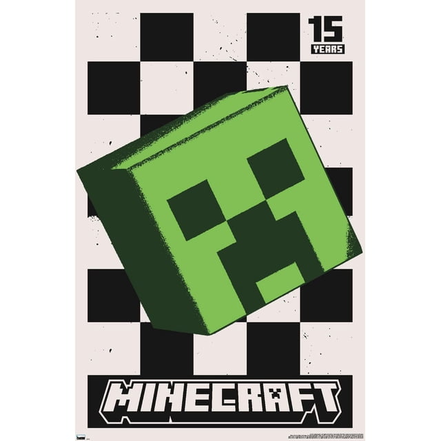 Minecraft : 15e Anniversaire - Affiche Murale Postérisée de Creeper, 22,375 Po x 34 Po, Présente une Tête Creeper Inclinée Verte Pixélisée sur un Fond à Damier Noir et Blanc avec « 15 Years » en Haut à Droite et le logo Minecraft en Bas, Imprimée sur du Papier Lustré, Idéale pour la Décoration Murale de Chambre Ou de Bureau.