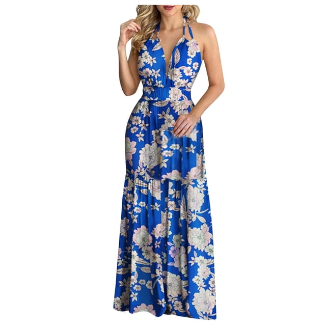 bbymog Robes Femmes Mode Plage Imprimé Tropical Été Col en V Sans Manches Robe Décontractée Coupe Ample Longues Robes pour Femmes Bleu P