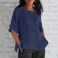thumbnail image 2 of Olyvenn Chemises en Lin pour Femmes 2025 Basiques Grande Taille Manches 3/4 Hauts Été Décontractés Col Rond Chandail Blouse Tunique T-Shirt Bleu Marine P, 2 of 4