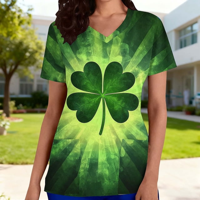 Mceream Nurse St Patricks Day Shirt for Womens Breathable Plus Size Nurse Working Uniform Shamrocks Print Scrub Tops V Neck Short Sleeve Fun Nursing Uniforms Green XXXL