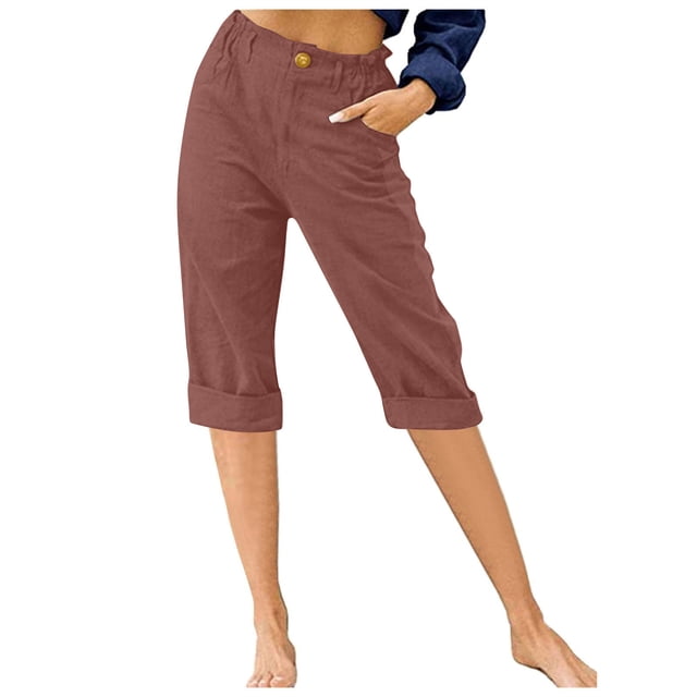 Timegard Cropped Pants for Women Capris Summer Casual Button Ruffle Elastic Waist Solid Color Lounge Pants