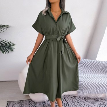 Mefallenssiah Robe Chemise Décontractée pour Femme à Col en V, Couleur Unie, Ample, à Nouer