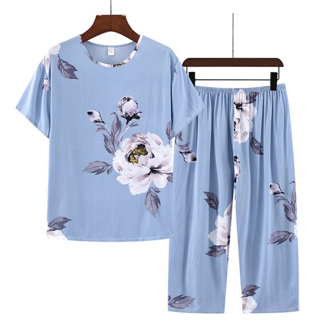 Weiqiqre Pyjama pour Femmes Ensemble 2 Pcs Tenues en Lin Manches Courtes Imprimé Floral Ensembles de Détente Col Ras du Cou Complets d'Été