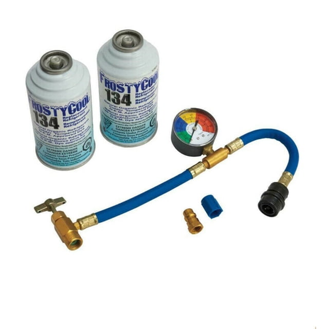 FrostyCool 134 replacement recharge kit featuring two cans of 134 replacement refrigerant, a blue charging hose with brass fittings, a pressure gauge, and additional connectors. Designed for replacing HFC-R134a and retrofitted CFC-R12 systems in mobile air conditioning and refrigeration units. Environmentally safe hydrocarbon refrigerant blend for improved performance and lower head pressures.