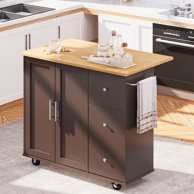 Walsunny Kitchen Island on Wheels with Storage Cabinet & 3 Drawer, 39.7" Width Rolling Kitchen Table, Cart Handle for Towel Rack or Free Mobility Brown