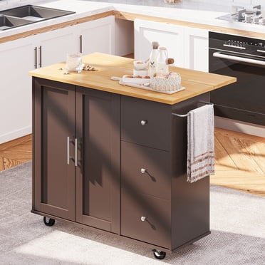 Walsunny Kitchen Island on Wheels with Storage Cabinet & 3 Drawer, 39.7" Width Rolling Kitchen Table, Cart Handle for Towel Rack or Free Mobility Brown