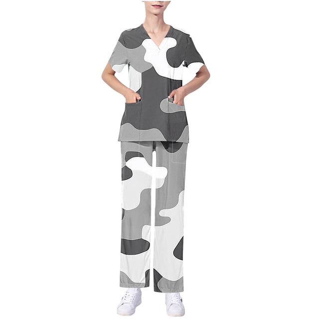 UPPADA Ensembles de Sarraus pour Femmes en Liquidation Liquidation Sarraus Extensibles Colorés à Col en V Jogger Ensemble d'Uniforme d'Infirmière Hauts de Sarrau à Manches Courtes et Ensemble de Pantalon Long à Jambe Grand avec Poches, Sarraus d'Infirmière