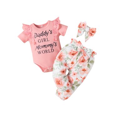 Xingqing Vêtements Floraux pour Nouveau-Nées Fille, Barboteuse Côtelée « Daddy's Girl » « Mommy's Word » + Pantalon + Bandeau, Ensemble Rose 3-6 Mois