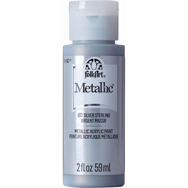 Folkart Metallic Acrylic Paint Silver Sterling 2 fl oz bottle with a shiny silver label and white cap, containing creamy metallic acrylic paint that dries quickly to a shiny finish, suitable for wood, paper, canvas, and various DIY arts and crafts projects.
