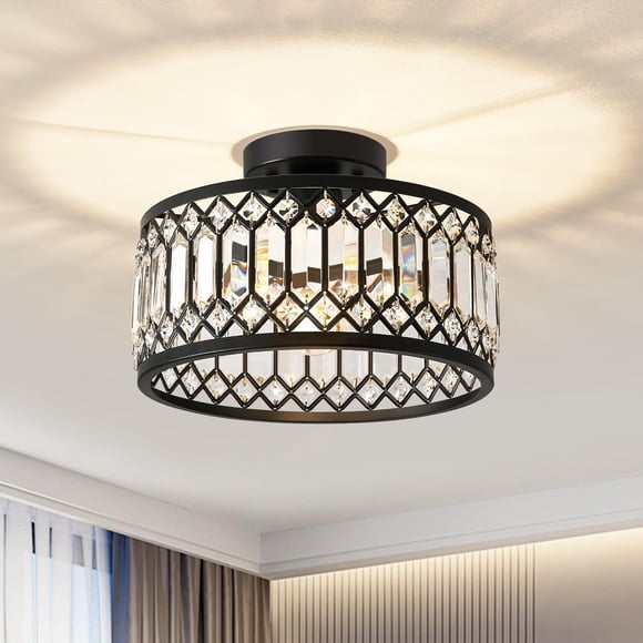 Pevfah Crystal Black Ceiling Light, Modern Semi Flush Mount Ceiling Lighting Fixture, Round Hallway Lighting Fixtures for Kitchen