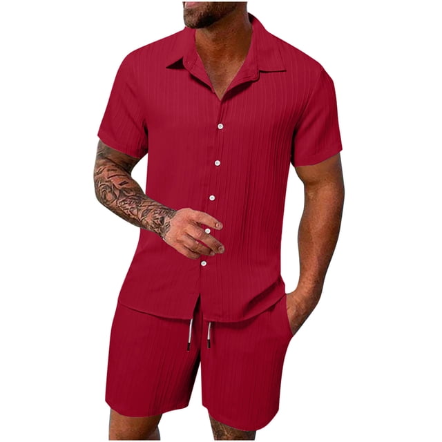 UVEASISHA Men's 2 piece Matching Set Textured Summer Beach Outfit Solid Color Breathable Button Down Shirt ShortsTracksuits Set Comfortable Loose Fit Wine,M