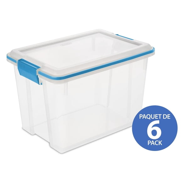 Sterilite 19 Liter Gasket Box, Weather-Resistant Small Clear Storage Bin with Latch Lid, Blue - 6 Pk