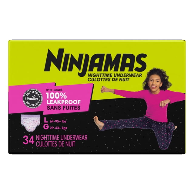 Ninjamas Girls Bedwetting Nighttime Underwear Size L box with 34 leakproof nighttime pull-ups for girls 64-95+ lbs, featuring Pampers protection, bright yellow and black packaging with pink text, and a child in a pink top and star-patterned leggings in a kicking pose.