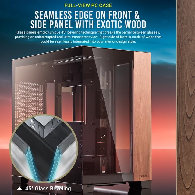 Antec C8 Wood Full-Tower E-ATX PC Case shown in a 3/4 front-right view with seamless 45-degree beveled tempered glass front and side panels and an exotic wood accent on the right side, designed for high-performance PC builds and modern interior style integration.