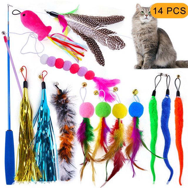 Cat Cat Toy Set Caterpillar Feather Replacement Head Colorful Hair Ball Tassel Retractable Fishing Rod Amusing Cat Stick 14PCS Retractable
