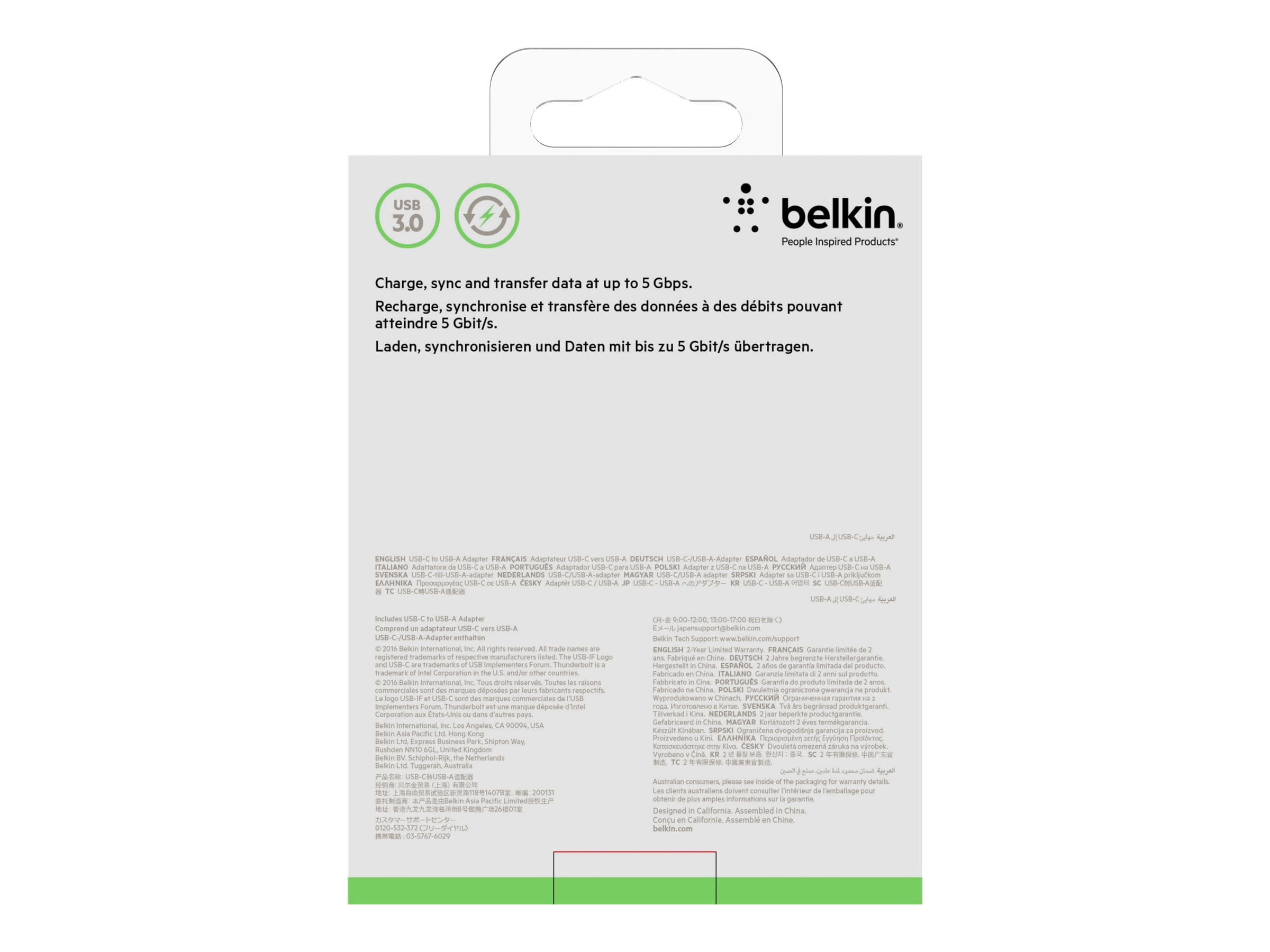 Adaptateur Belkin USB-C vers USB-A 3.0 certifié USB-IF – Compatible avec MacBook, Chromebook Pixel et appareils USB-C – Noir