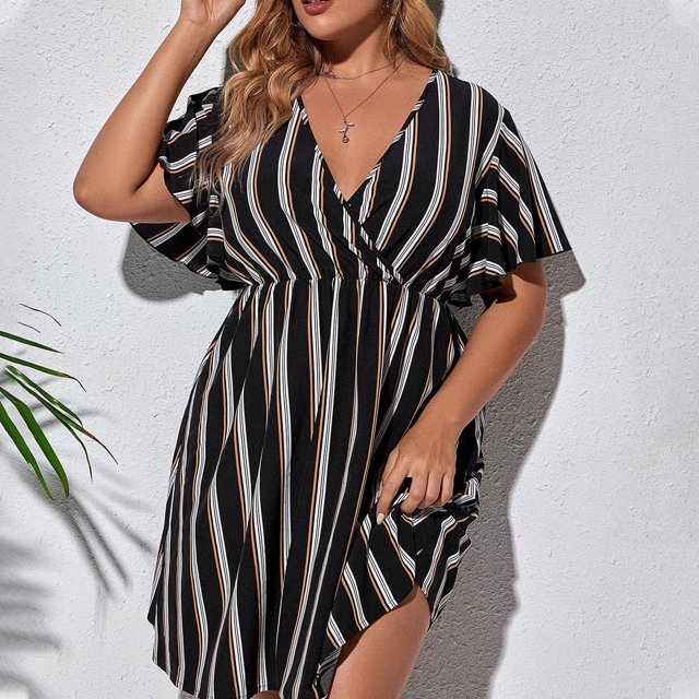 EGNMCR Robes de Fête pour Femmes Femmes Grande Taille Été Décontracté Manches Courtes Col en V Manches Imprimées Robes Robe Ample