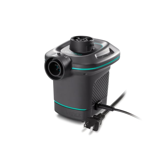 Intex 120 Volt Quickfill AC Electric Pump in matte black with teal accents, compact rectangular design with top and side nozzles, 2-prong plug for 110-120V indoor use, ideal for inflating and deflating air mattresses and camping gear, also suitable for inflatable pool toys.