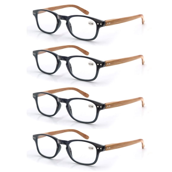 MODFANS 4 Pack Reading Glasses 1.25 Fashion Wood-Look Spring Hinges Stylish Readers Men Women Black
