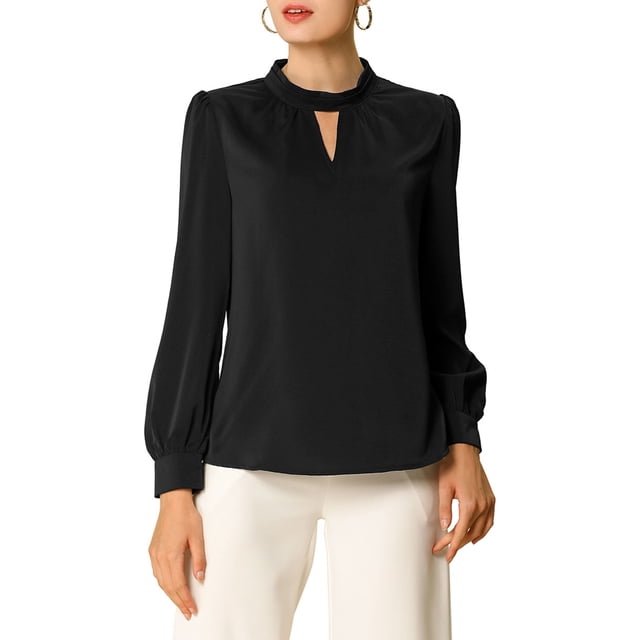 INSPIRE CHIC Women's Keyhole Stand Collar Pleated Back Button Blouse Tops