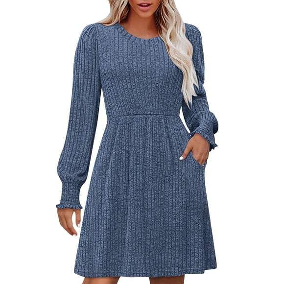 aohooy Sweaterdress for Women Ribbed Knit Long Sleeve Dresses Empire Waist Crewneck Winter Knee Length A Line Dress with Pockets Navy,L