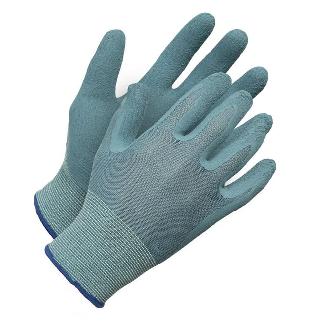 Gants de Jardinage en LATEX Mousse pour Femmes, Bleus, à Coupe Étroite et Élégante pour les Mains des Femmes, avec Revêtement Froissé en LATEX Mousse sur la Paume et les Doigts pour l'Adhérence, Tissu Léger et Respirant à l'Arrière, et Poignets Allongés avec Bordure Bleue, Convenant au Jardinage à Sec et Humide et Souvent Utilisés pour la Manipulation Délicate des Plantes.